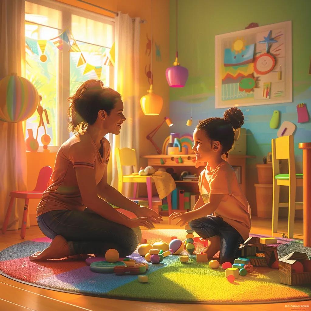 Child therapist engaging with a young child in a colorful therapy room, emphasizing child therapy services