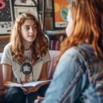 Teenage girl discussing feelings with a therapist in a cozy office, highlighting the benefits of cognitive behavioral therapy