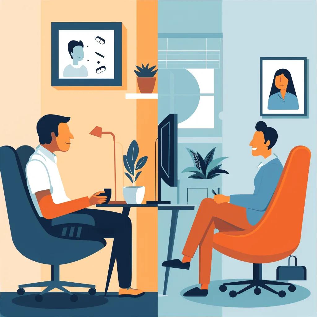 Comparison of telehealth and in-person therapy benefits, illustrating convenience and personal connection