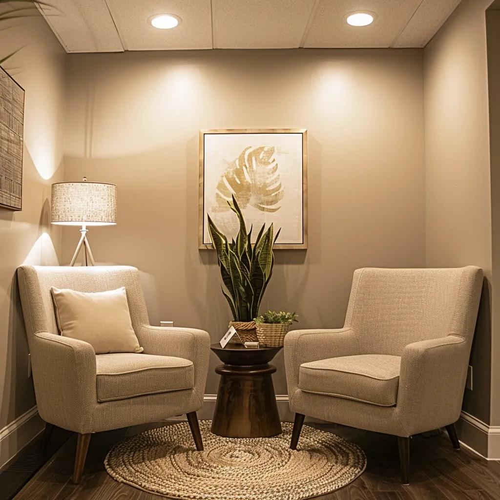 Therapy room setup for one-on-one counseling, emphasizing comfort and confidentiality