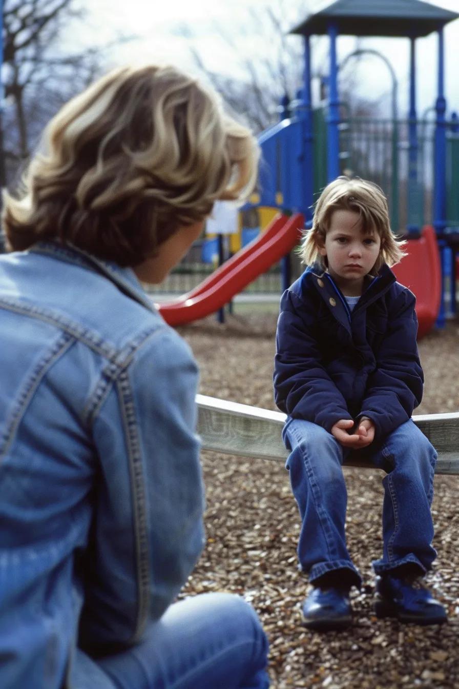 Concerned parent observing a withdrawn child in a playground, illustrating signs that indicate a need for counseling