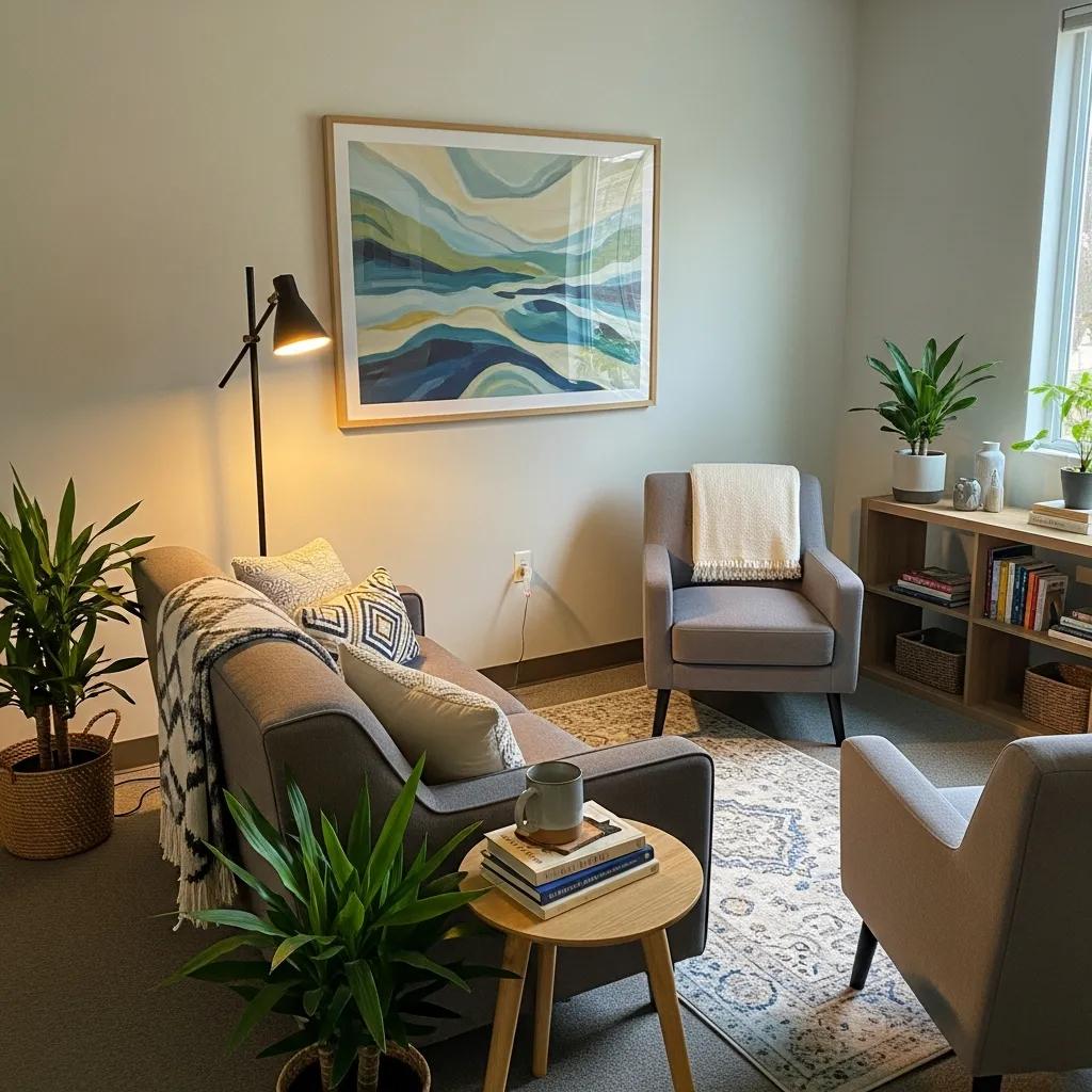 Comfortable therapy office in New Jersey with calming decor and inviting atmosphere