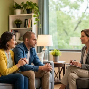 Couple in therapy session focusing on enhancing relationships and communication skills