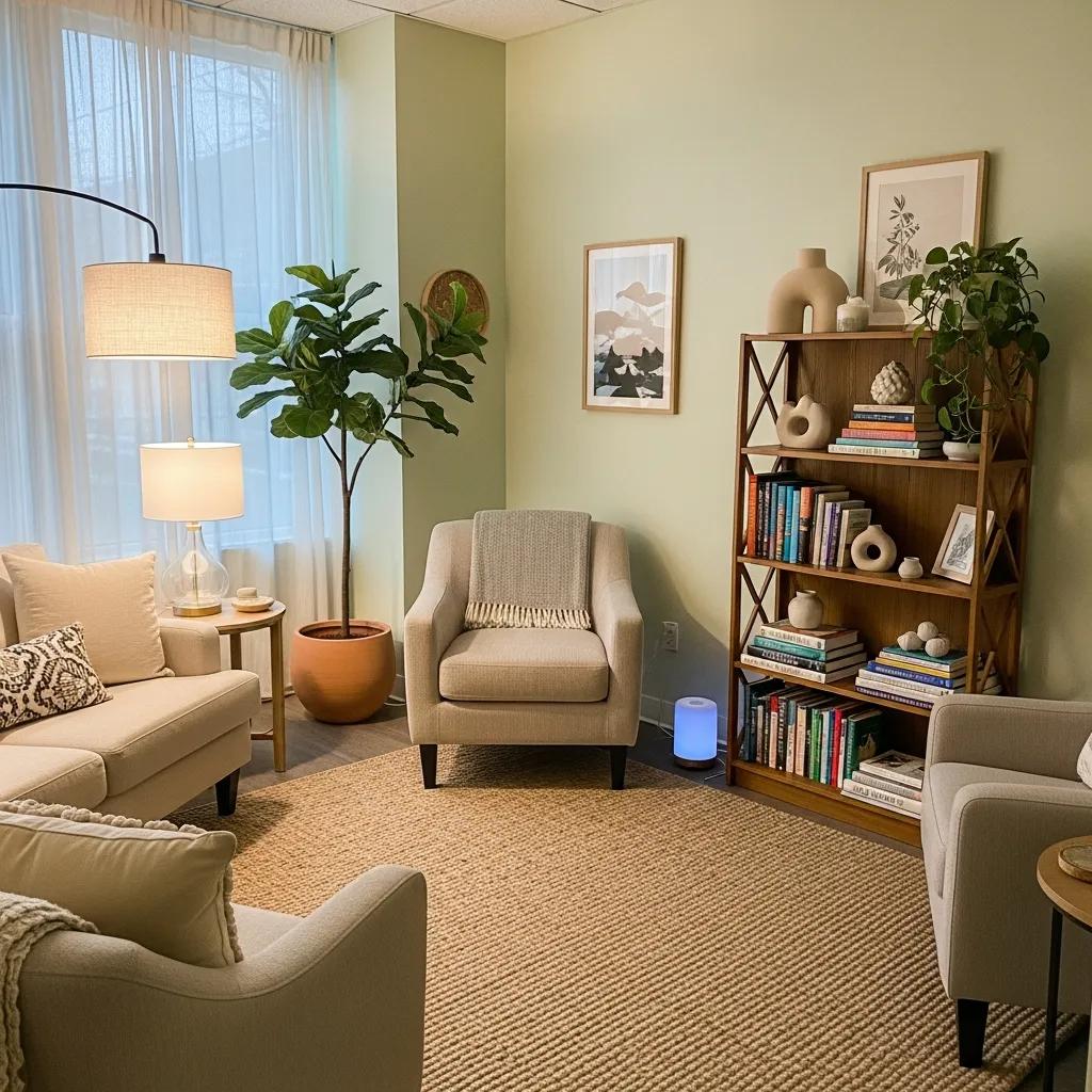 Cozy therapy room with comfortable seating and calming decor, representing mental health counseling services