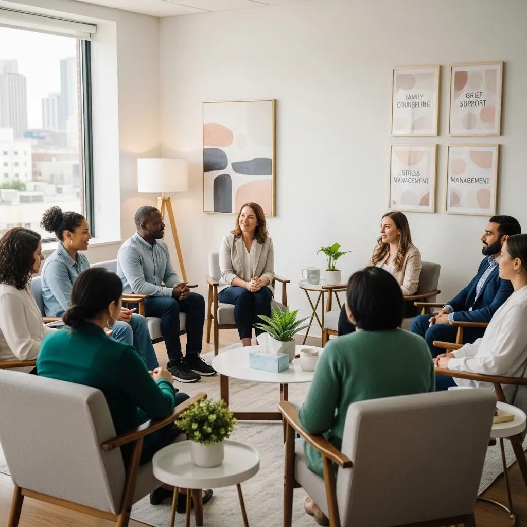 Diverse group therapy session illustrating various mental health counseling services available in New Jersey