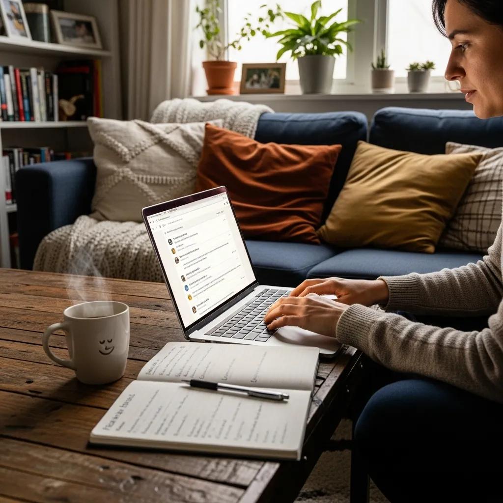 Individual searching for qualified therapists online in a cozy home setting