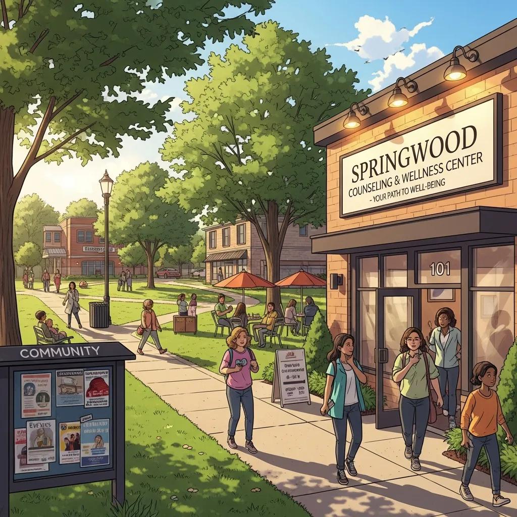 Local counseling center in New Jersey with community members, emphasizing accessibility to mental health support