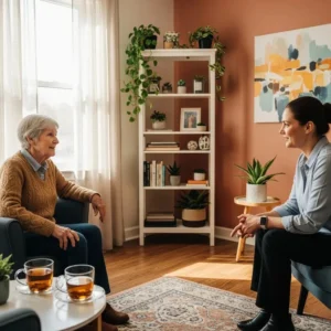 Older adult receiving counseling to promote mental wellness and cope with life transitions