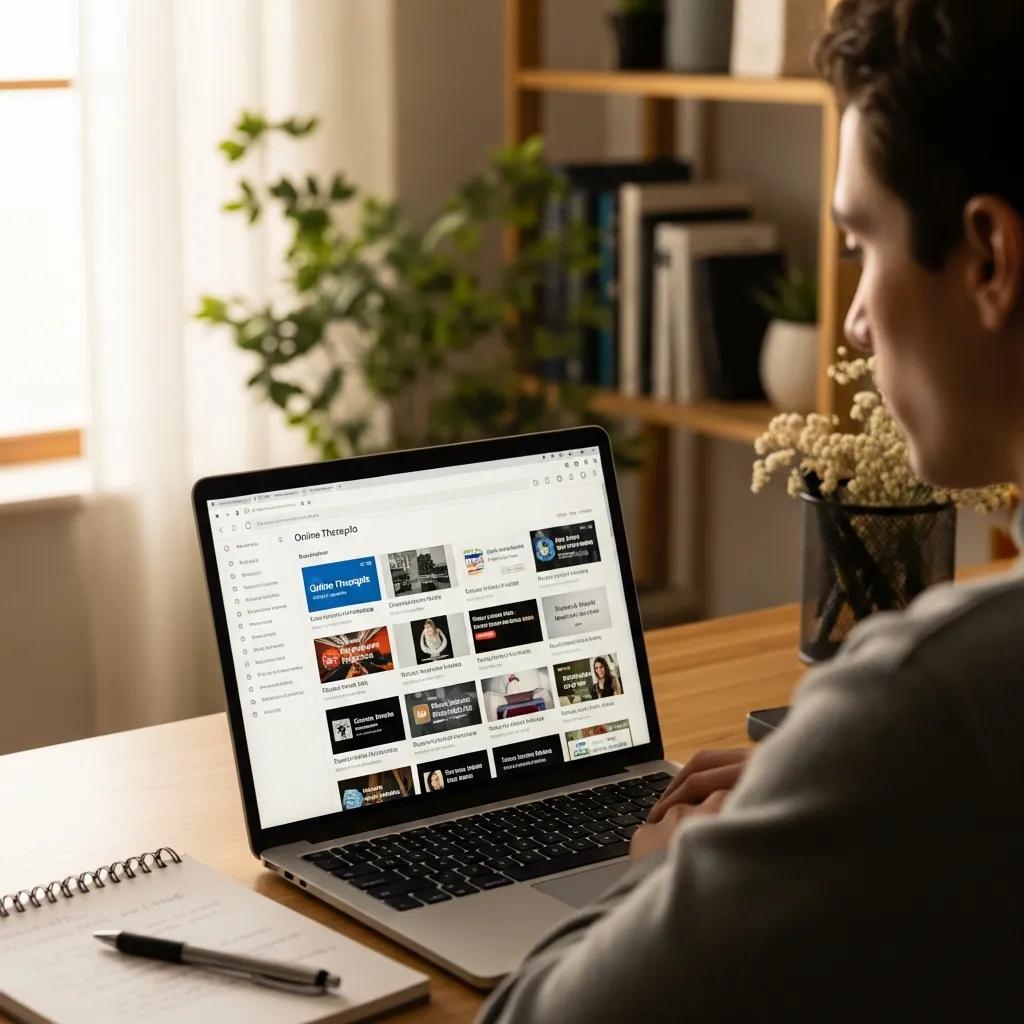 Person searching for a qualified therapist online in a home office setting, highlighting the process of finding mental health support