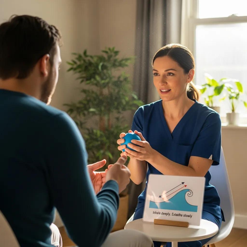 Therapist demonstrating coping techniques to a client, highlighting emotional regulation in counseling