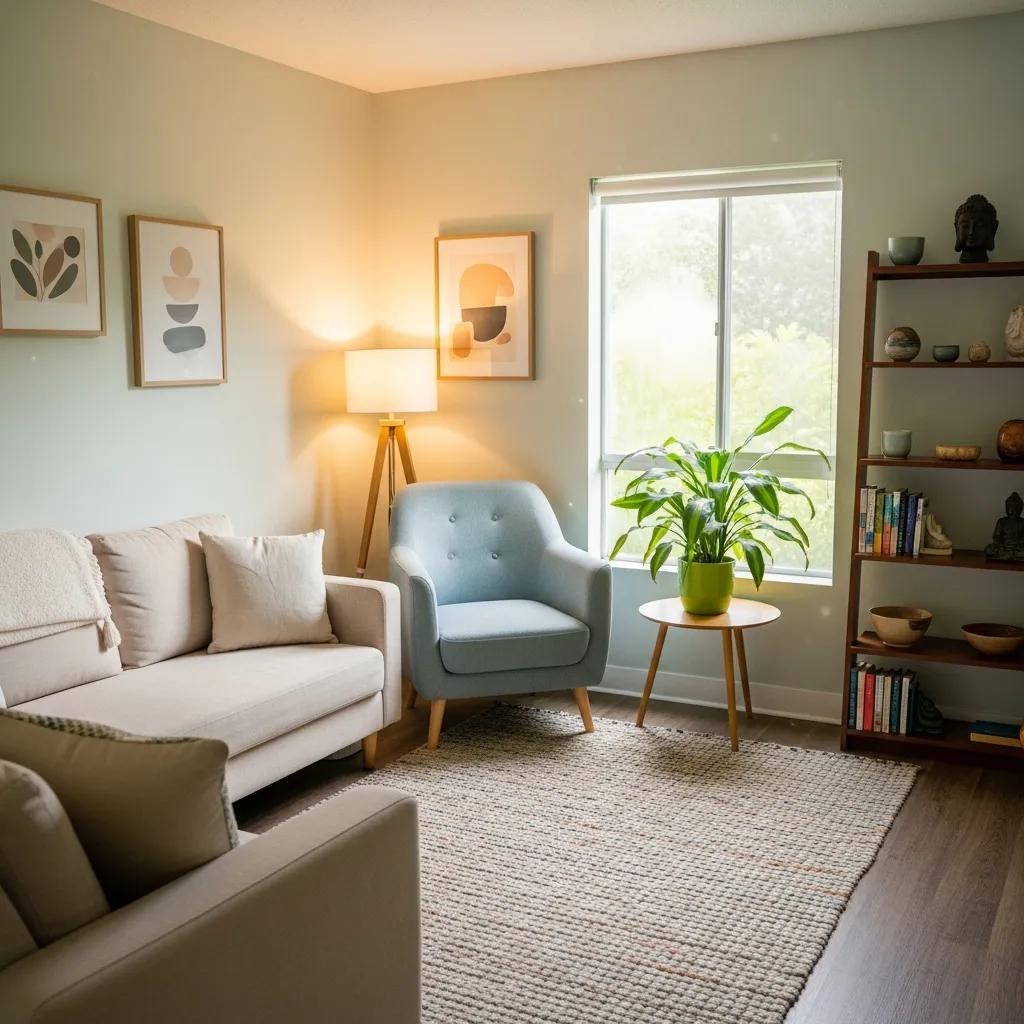 Therapy room with cozy seating and calming decor, representing mental well-being and counseling